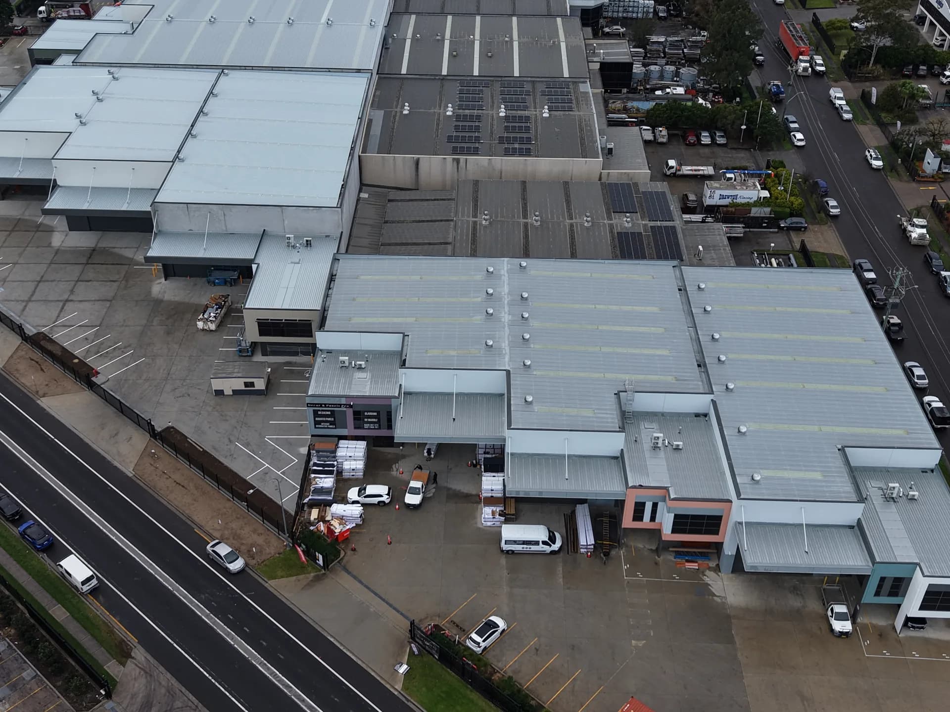 Aerial view of the Decor & Panels Pro warehouse and showroom, Prestons NSW
